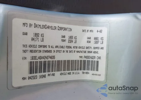 2002 Dodge Stratus Se Plus from USA, damaged, VIN 1B3EL46X42N274835